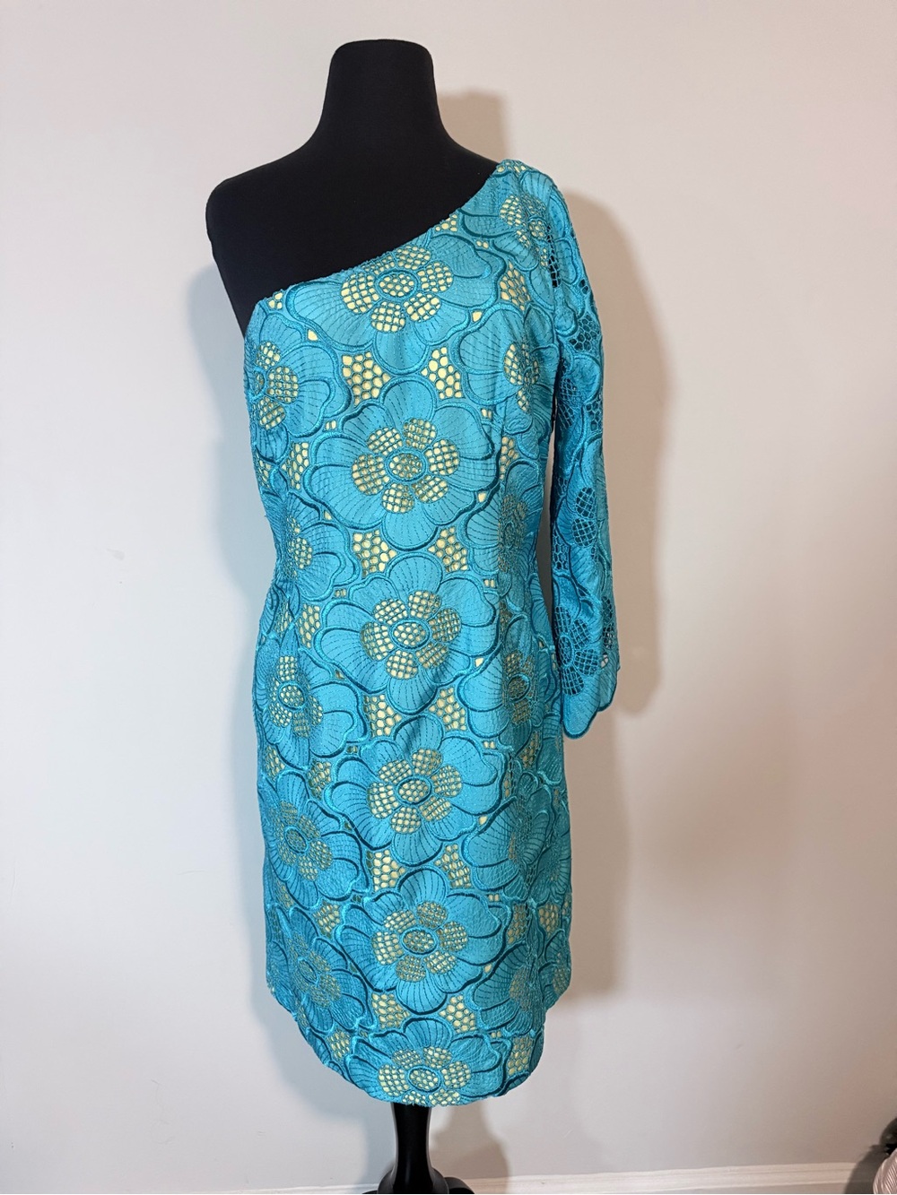 Lilly Pulitzer Turquoise Floral Lace One-Shoulder Dress – Size 12